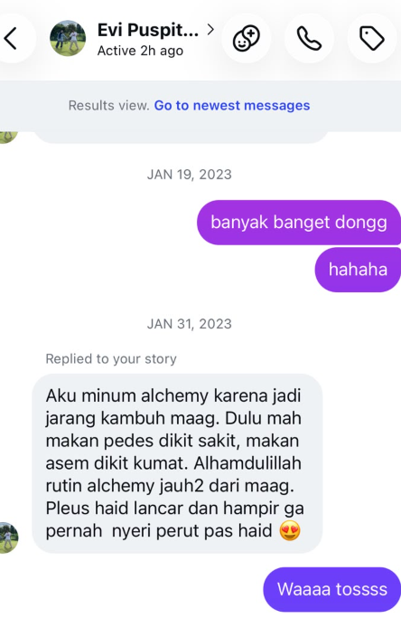 Screenshot chat asli Evi tentang pengalamannya minum Alchemy