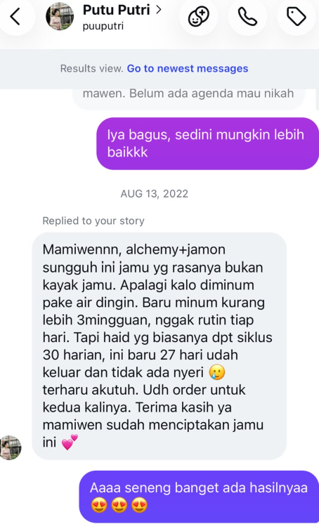 Screenshot chat asli Putu tentang pengalamannya minum Alchemy