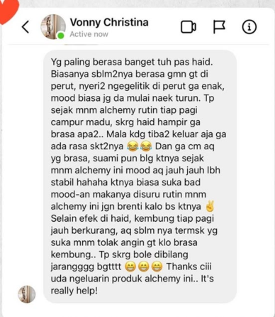 Screenshot chat asli Vonny tentang pengalamannya minum Alchemy
