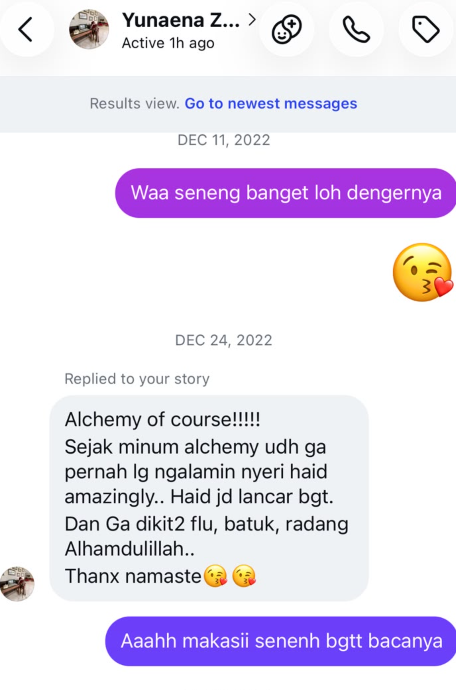 Screenshot chat asli Yunaena tentang pengalamannya minum Alchemy